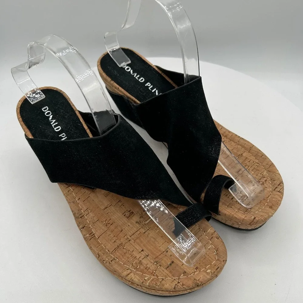 Donald Pliner Gyer Black Leather Cork Wedge Toe Loop Sandals Size 9.5 NEW